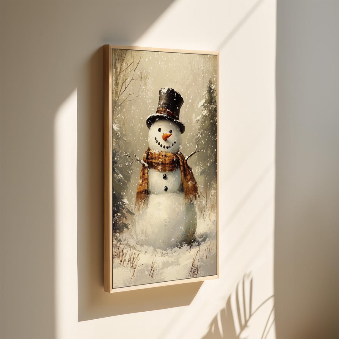 Cute Snowman With Top Hat And Plaid Scarf In Falling Snow Art Poster - Image 4