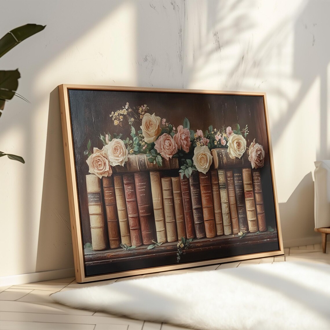 Vintage Books With Pink Roses Romantic Floral Library Wall Art - Image 2
