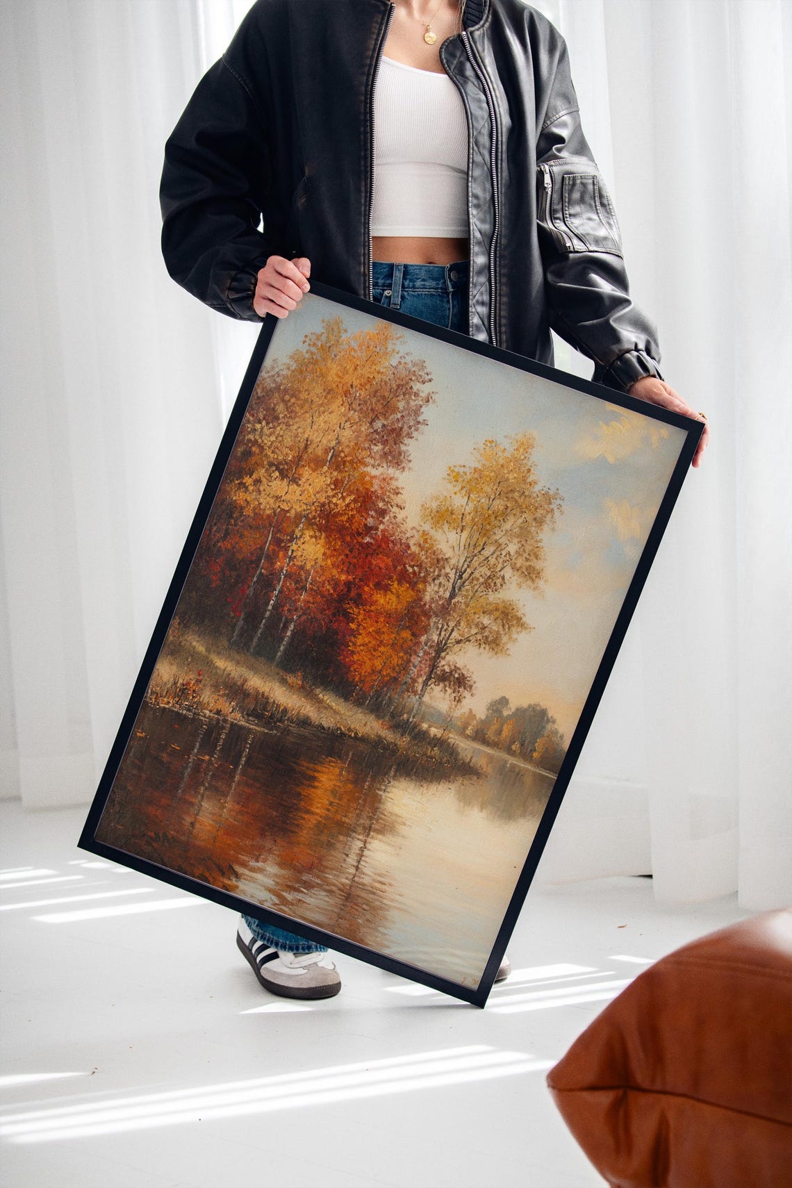 Rustic Autumn River Landscape, Fall Trees Reflected On Water - Image 2