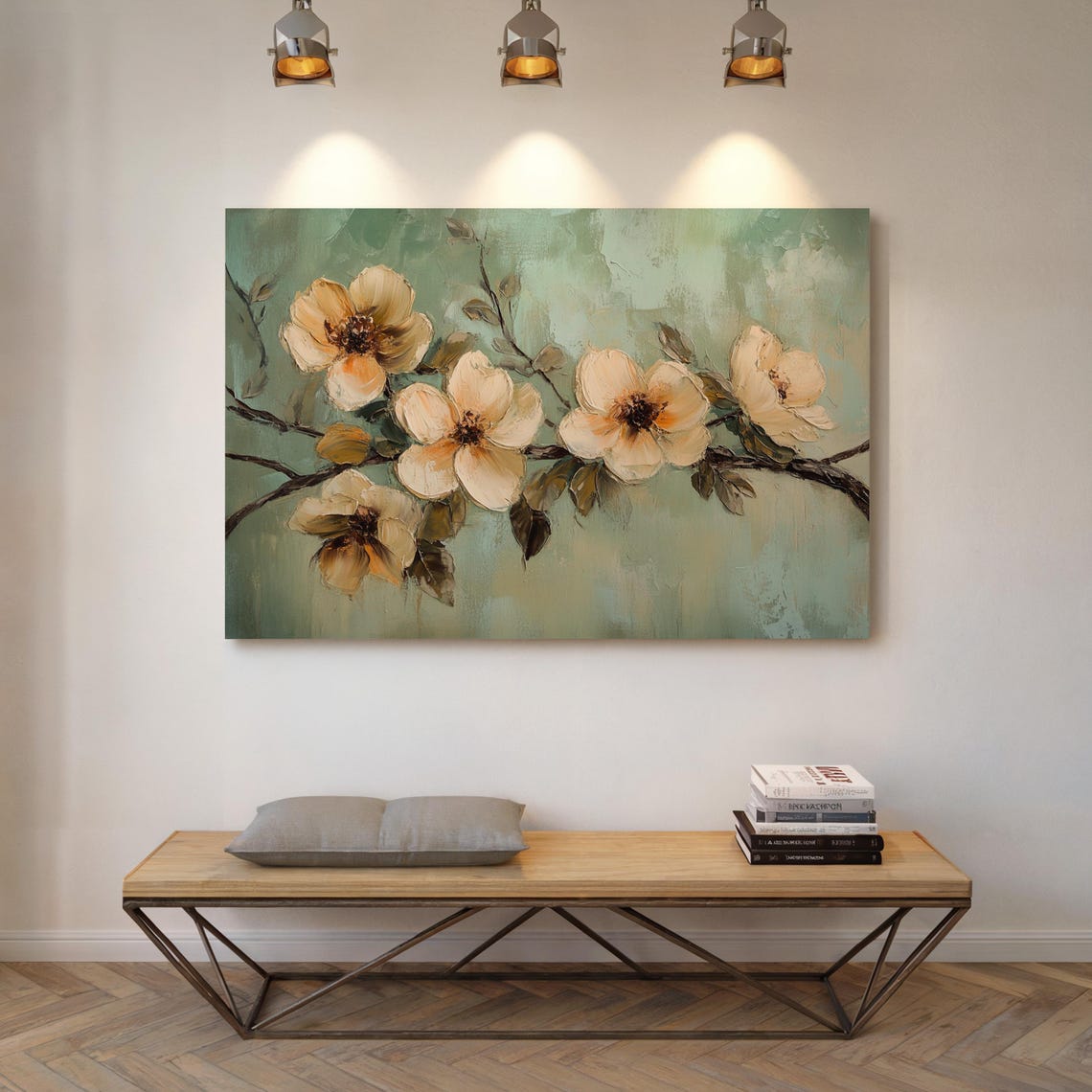 Creamy Yellow Blossoms Branch Sage Green Textured Floral Art Poster - Image 2