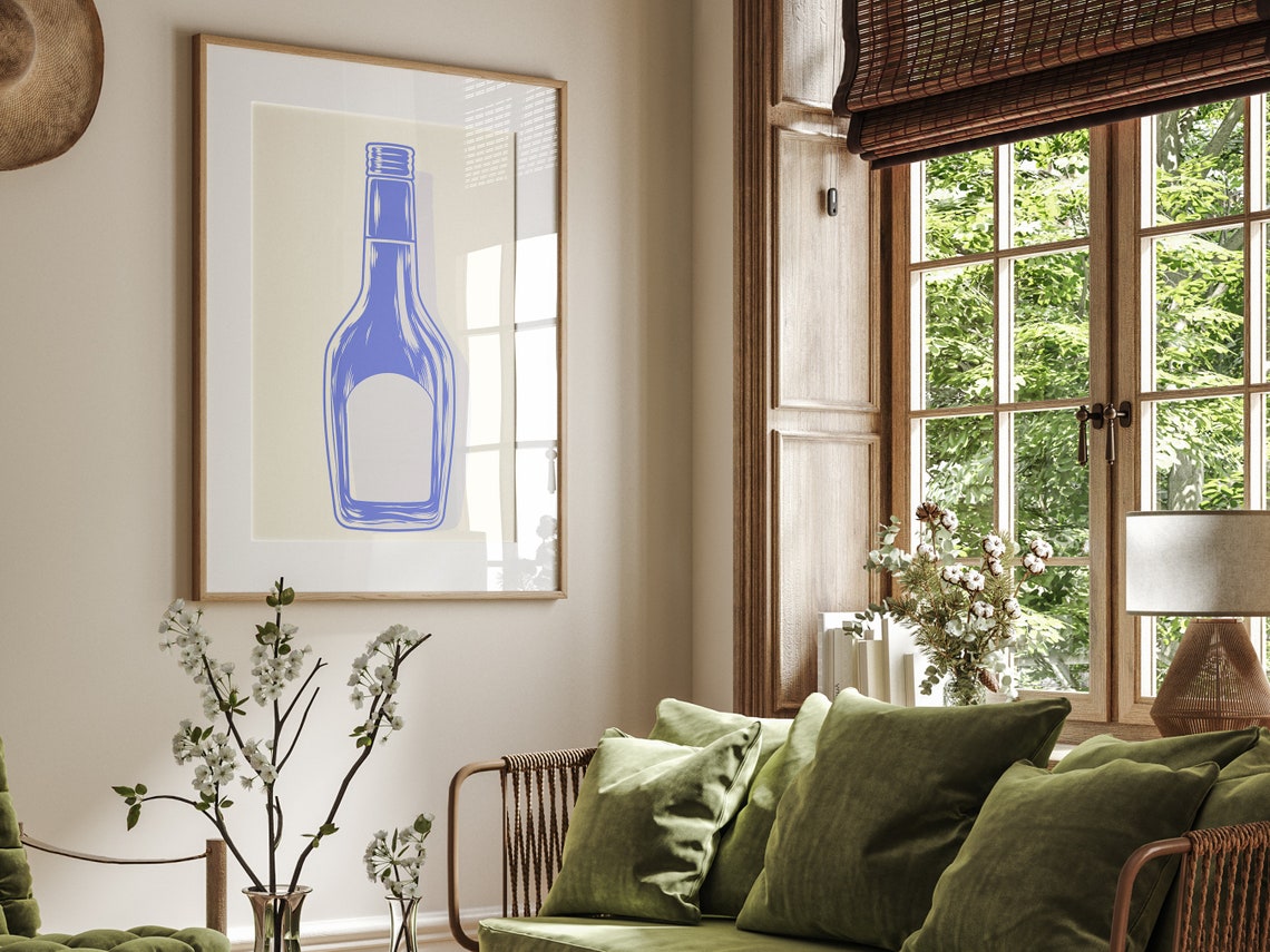 Cobalt Blue Wine Bottle Line Art Modern Bar Decor Wall Poster - Image 4