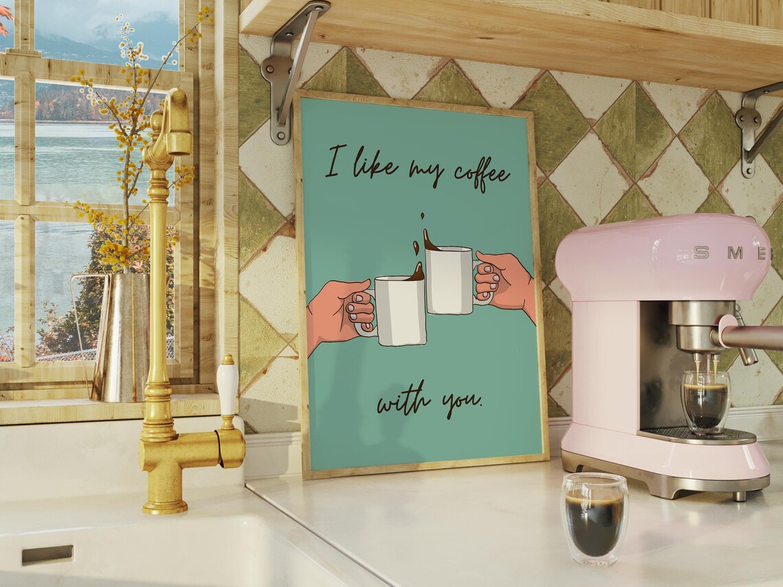 I Like My Coffee With You Cute Couple Mugs Mint Kitchen Wall Poster