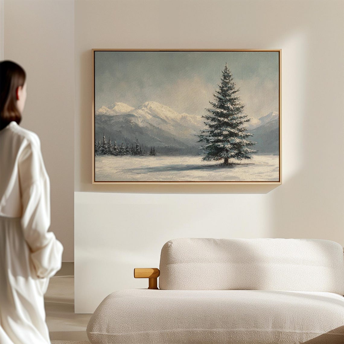 Snow Covered Pine Tree With Mountain Backdrop Serene Winter Print - Image 2