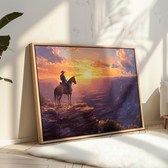 Western Cowboy Sunset Print Majestic Canyon Landscape Art Horseback Rider Wall Decor Rustic Wild West Painting