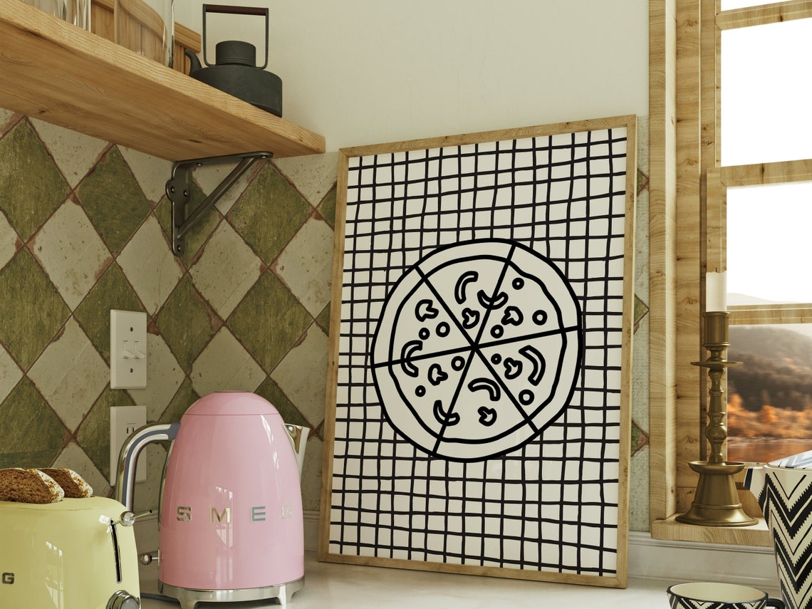 Whole Pizza Doodle On Checkered Background Fun Kitchen Wall Art - Image 2