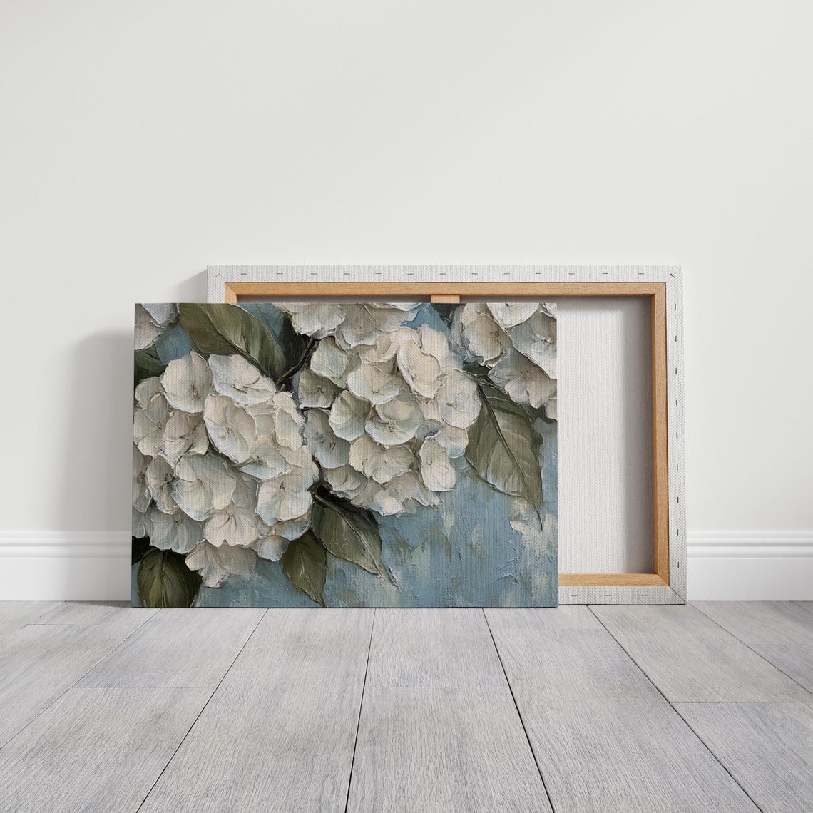 White Hydrangea Clusters Impasto Style Soft Blue Floral Wall Art - Image 3