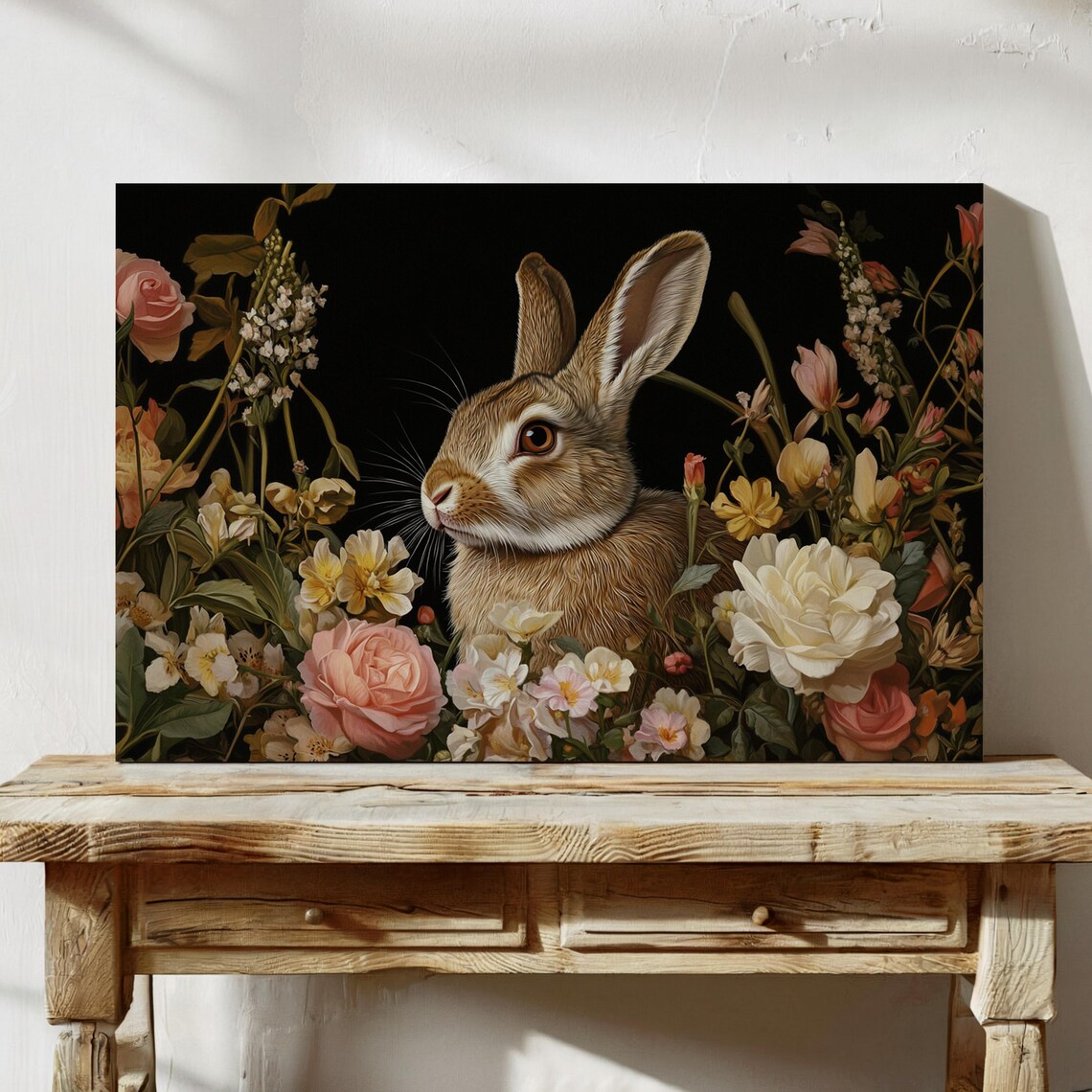 Rabbit Among Roses And Peonies Dark Botanical Floral Animal Art Print - Image 2
