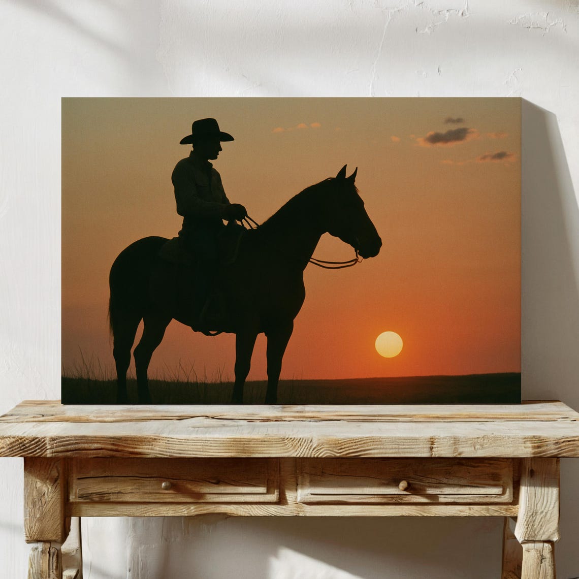Silhouette Cowboy On Horse At Sunset, Western Landscape