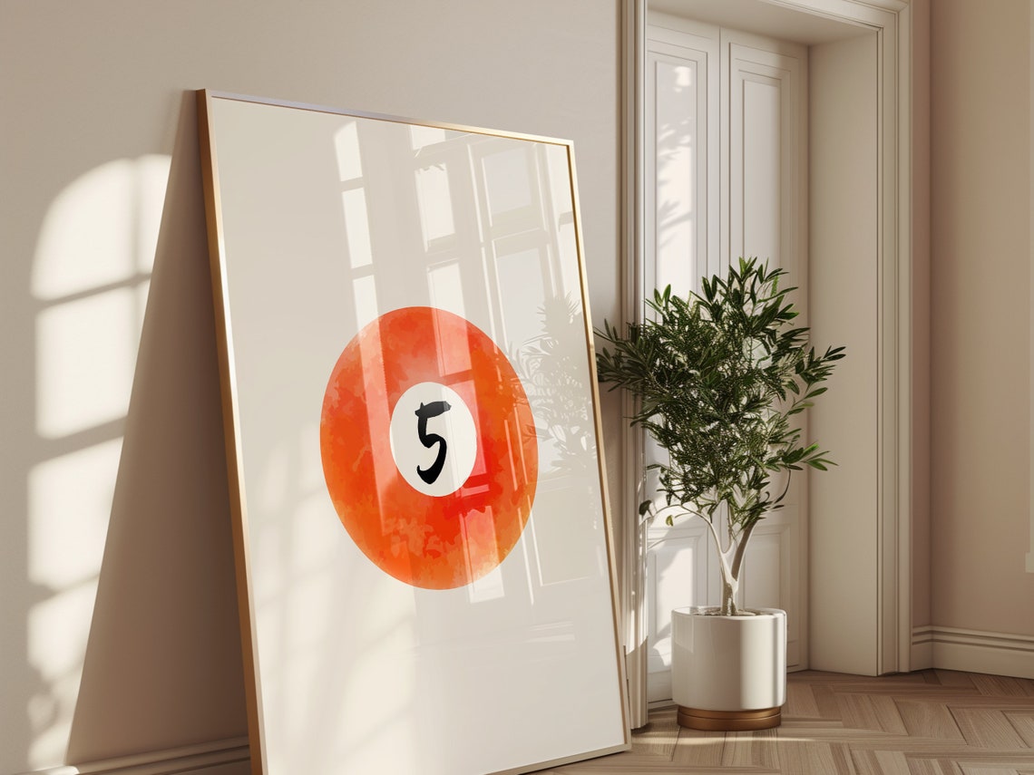 Number 5 Pool Ball Watercolor Orange Retro Billiards Game Room Poster - Image 2