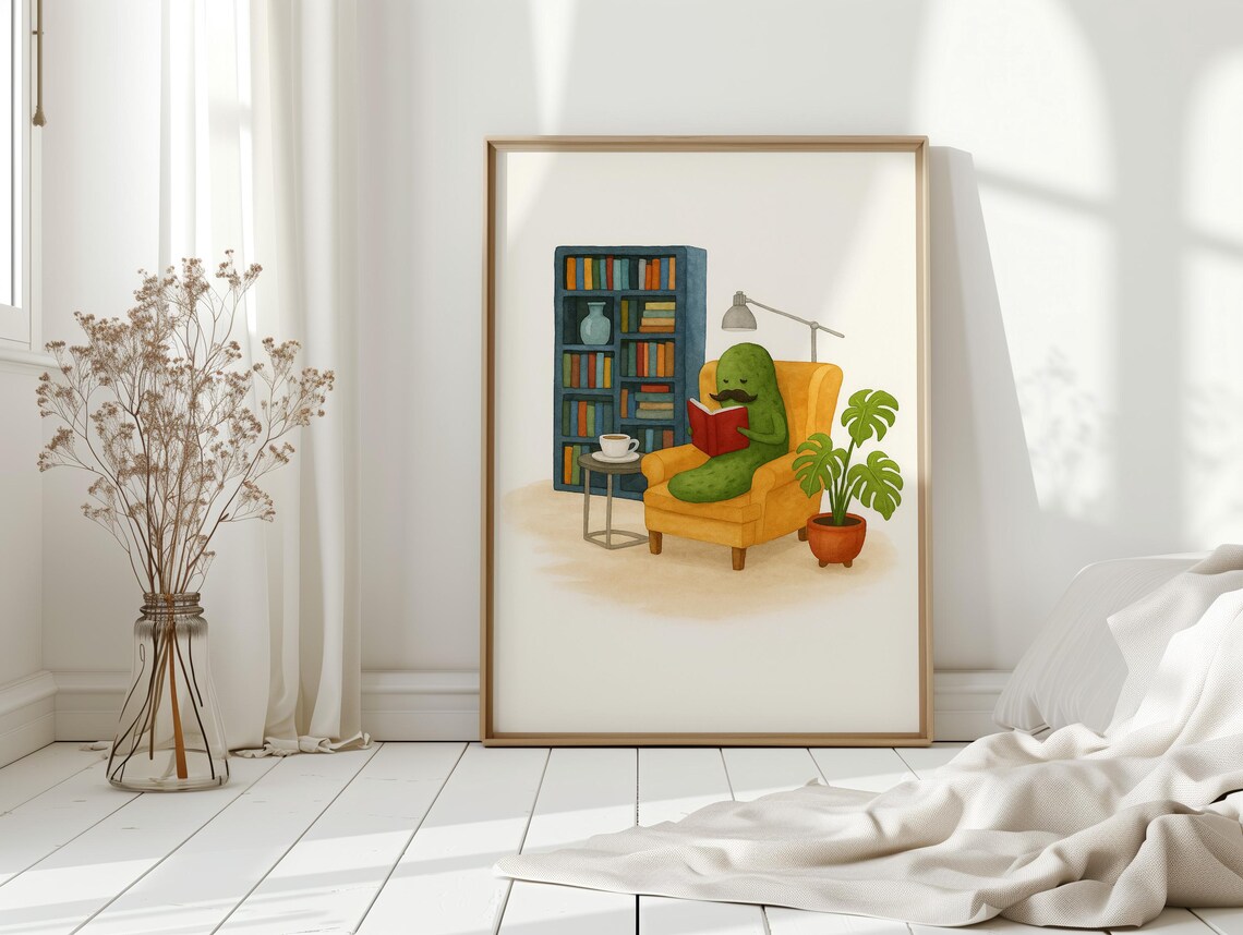 Funny Pickle Reading Book, Whimsical Home Library Decor - Image 3