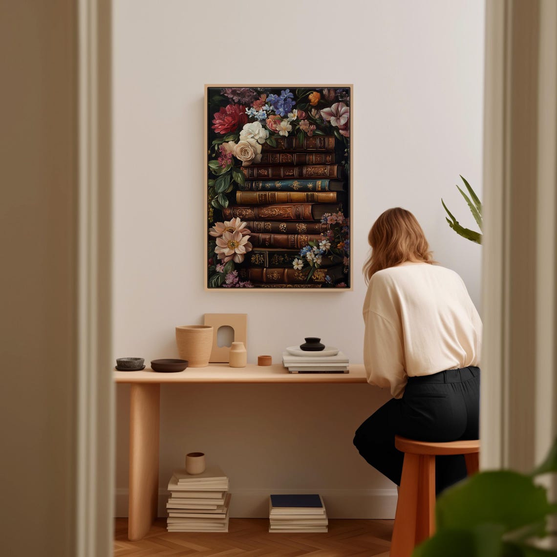 Vintage Book Tower Surrounded By Lush Florals Library Art Print - Image 3