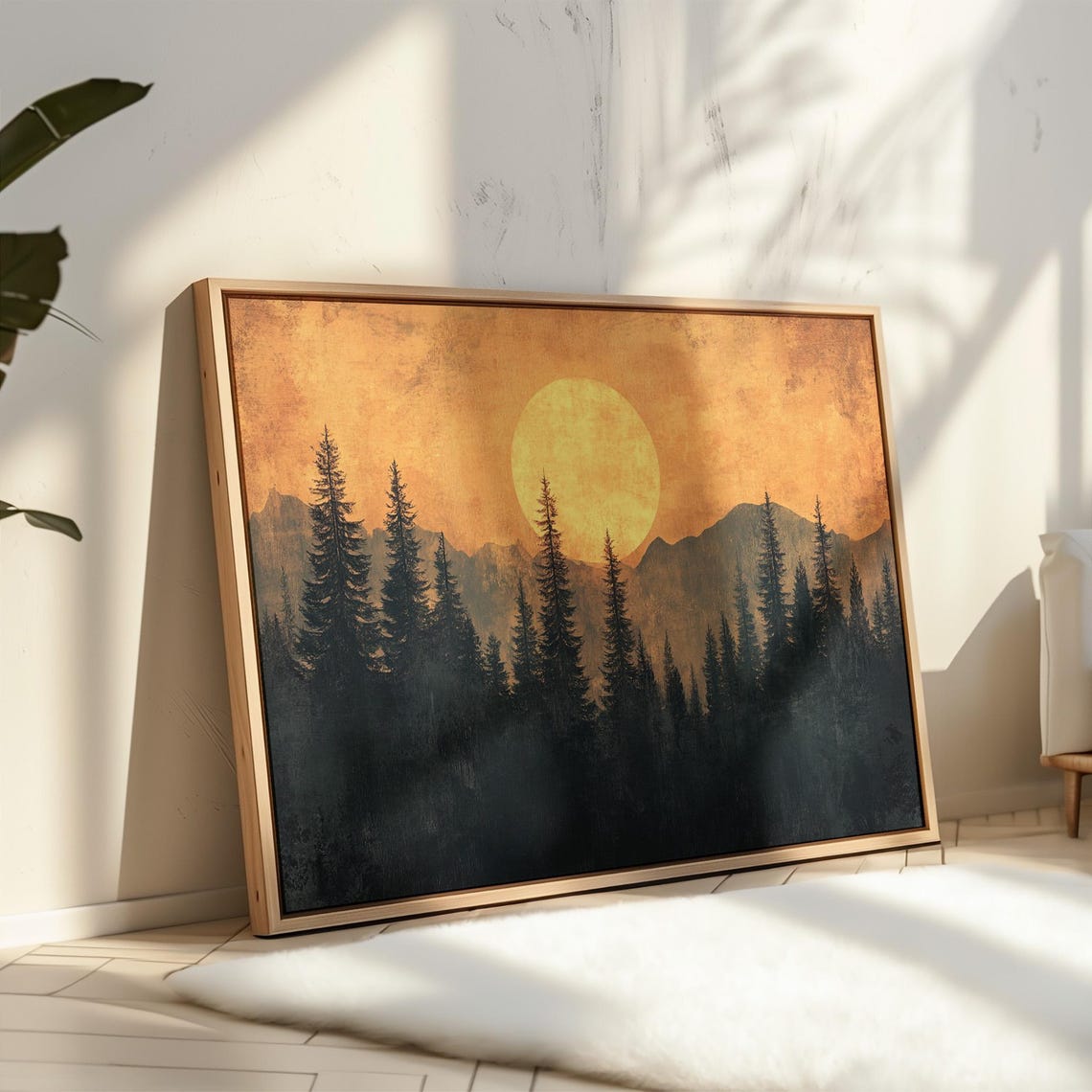 Rustic Sunset Forest Painting Moody Mountain Wall Art Silhouette Pine Trees Warm Nature Print Scenic Wilderness Decor - Image 2