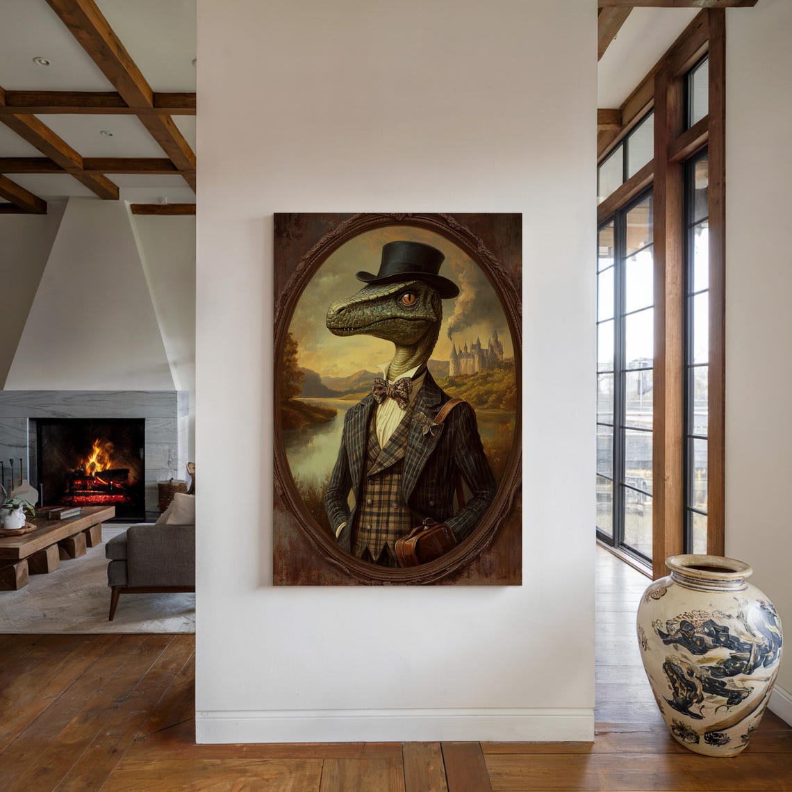 Dashing Dinosaur In Plaid Suit Victorian Style Animal Portrait With Castle Backdrop Wall Art Print - Image 3