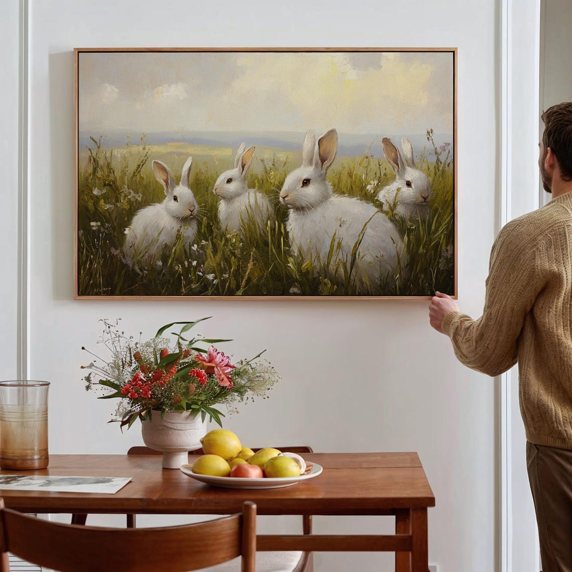 Four White Rabbits In Sunny Meadow Grass Cottagecore Bunny Art Poster - Image 3