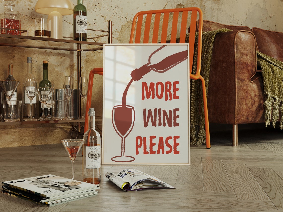More Wine Please Bold Red Pouring Wine Retro Kitchen Bar Poster - Image 4