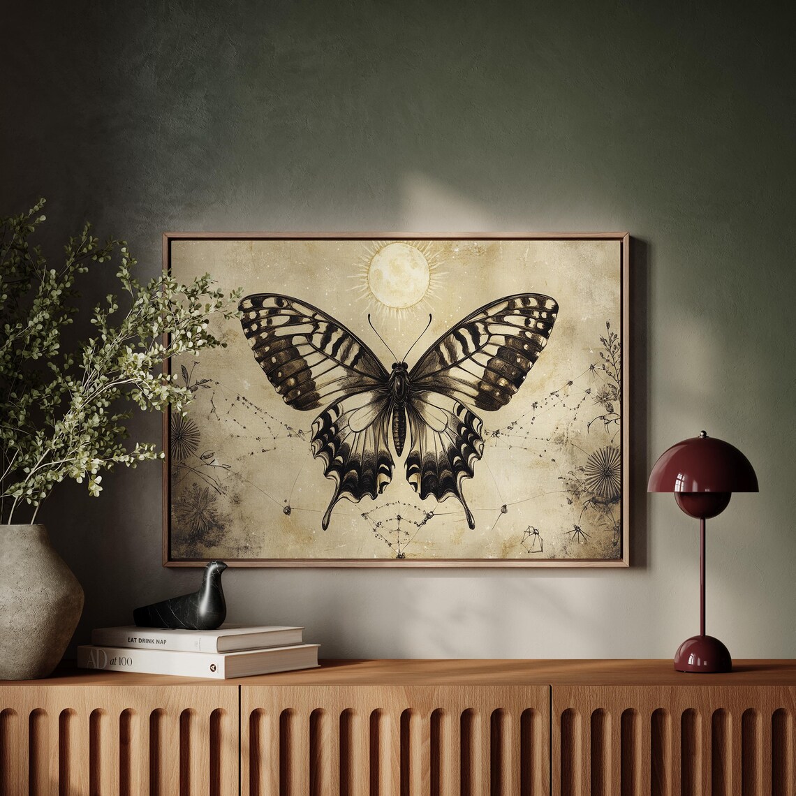 Vintage Sepia Swallowtail Butterfly Celestial Sun Astrology Art Poster - Image 2
