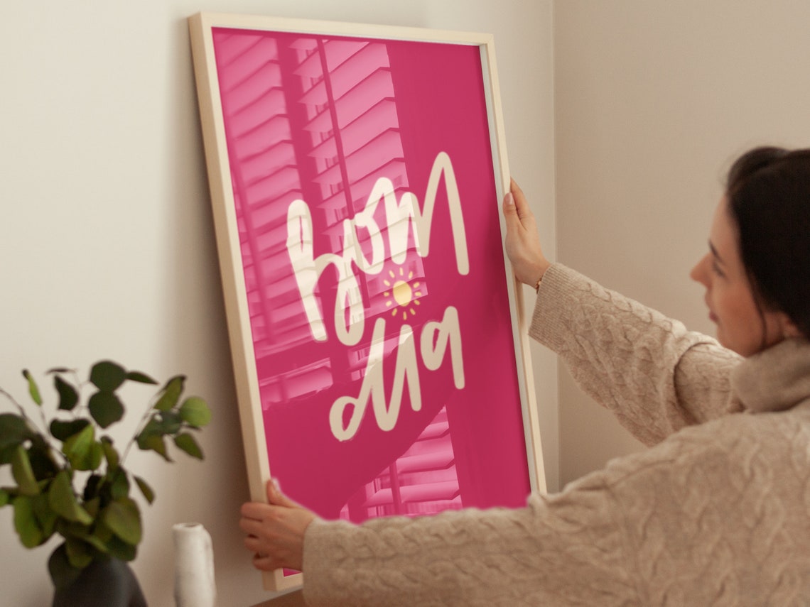 Bom Dia Good Morning Script Sunshine Hot Pink Typography Art Poster - Image 3