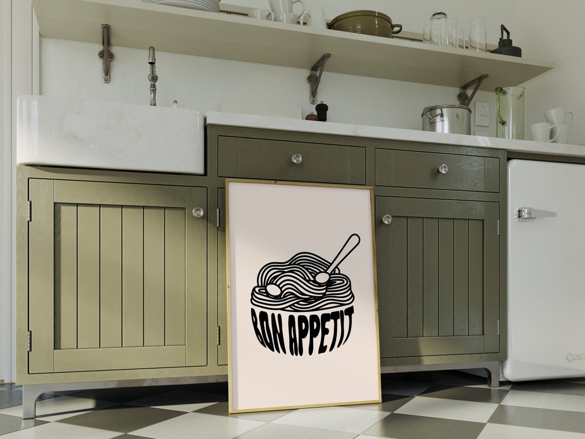 Bon Appetit Pasta Bowl Bold Line Art Blush Kitchen Wall Poster - Image 2