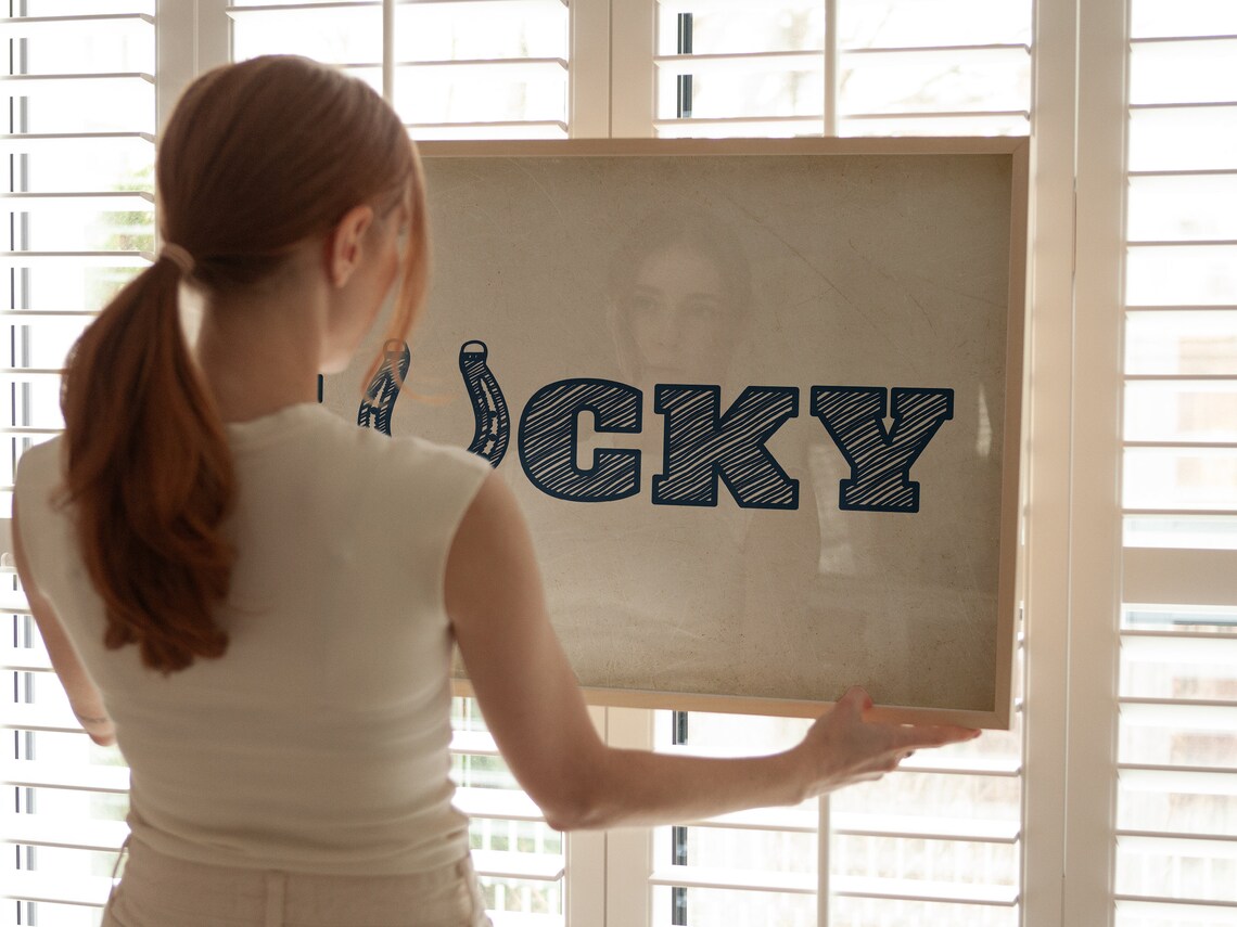 Lucky Horseshoe Letter Typography Navy Cream Western Quote Art Poster - Image 4