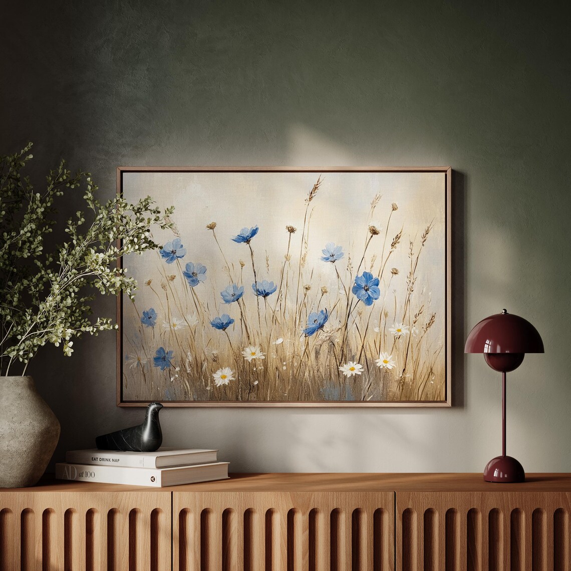 Blue Wildflowers In Golden Meadow Soft Beige Floral Wall Art - Image 5