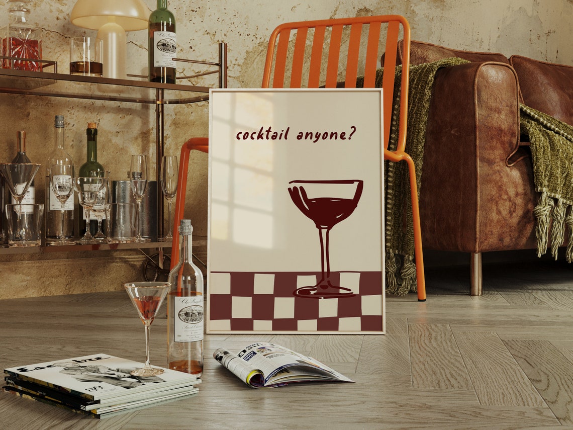 Cocktail Anyone Coupe Glass Checkerboard Retro Bar Wall Art Poster - Image 2