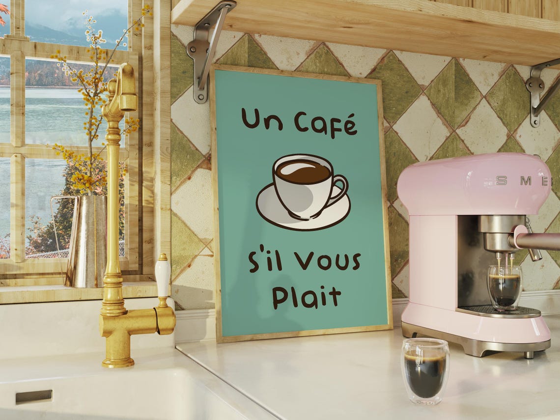 Un Café s'Il Vous Plaît Mint French Cafe Coffee Art Kitchen Poster