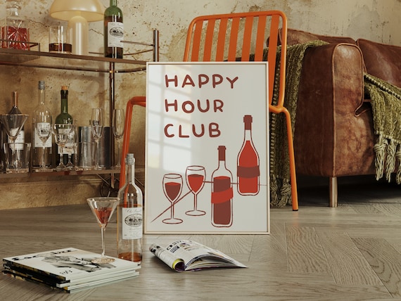 Happy Hour Club Wine Bar Typography Retro Home Bar Quote Wall Art