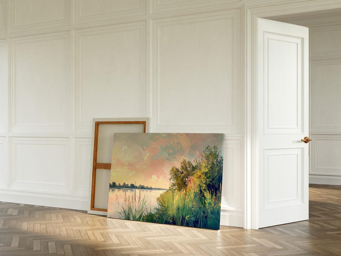 Impressionist River Sunset Painting Tranquil Landscape Wall Art Print With Pastel Skies And Lush Greenery - Image 4