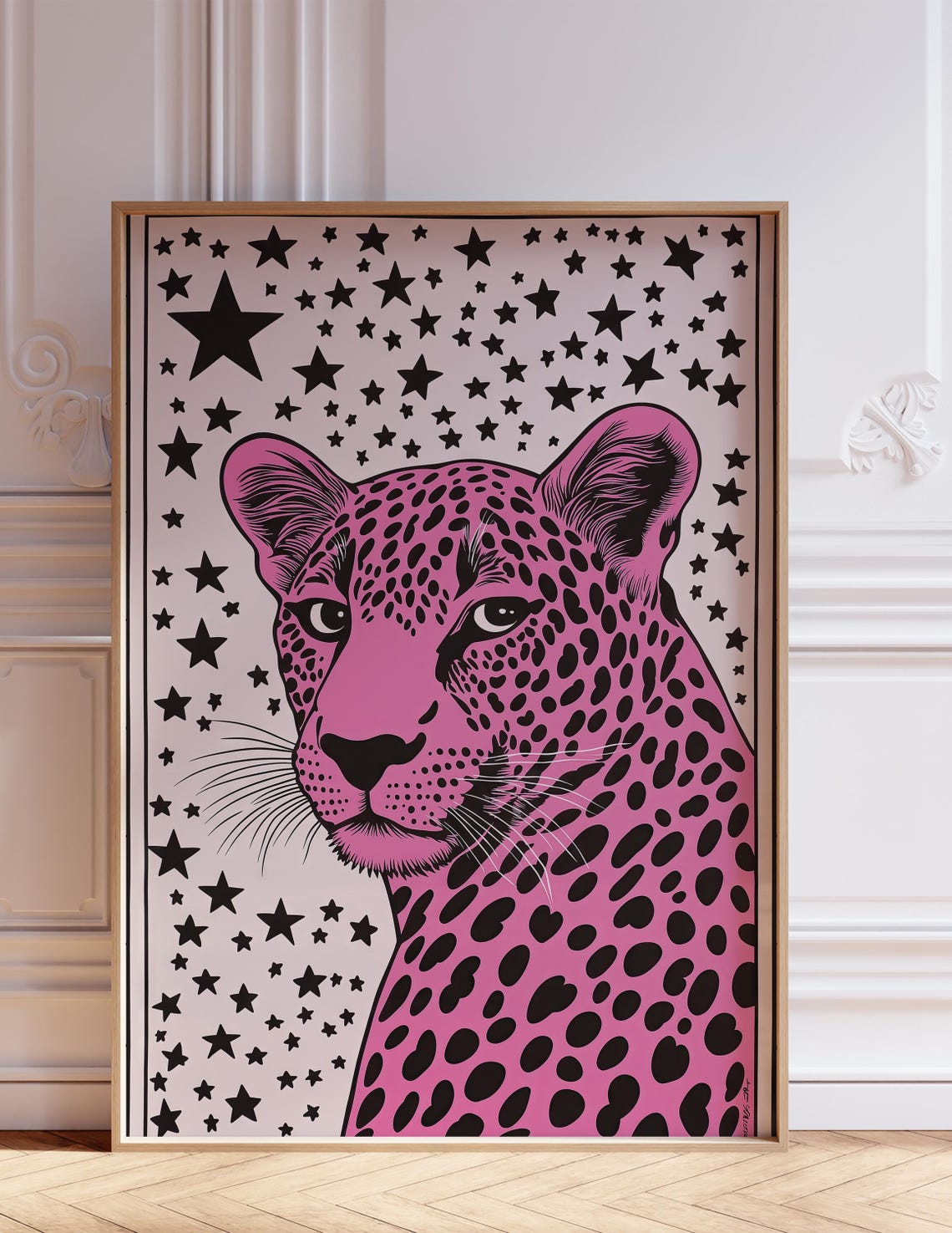 Pink Leopard Pop Art with Bold Black Starry Background Poster