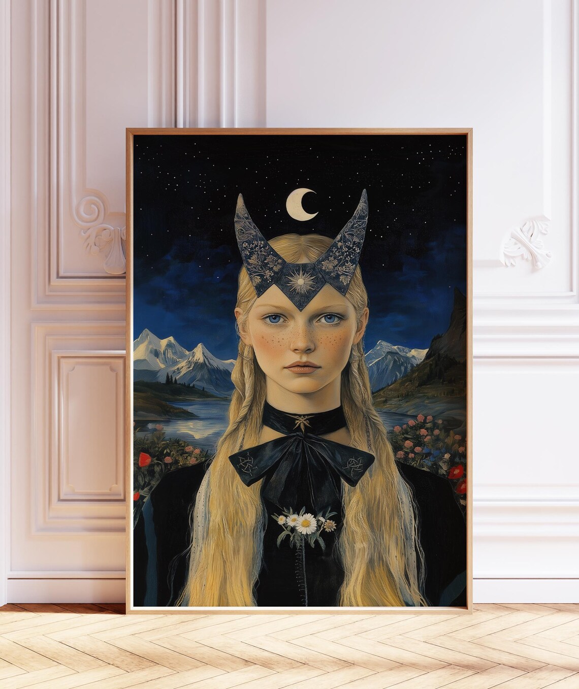 Valkyrie Moon Goddess Winged Headdress Snowy Mountains Night Poster - Image 2