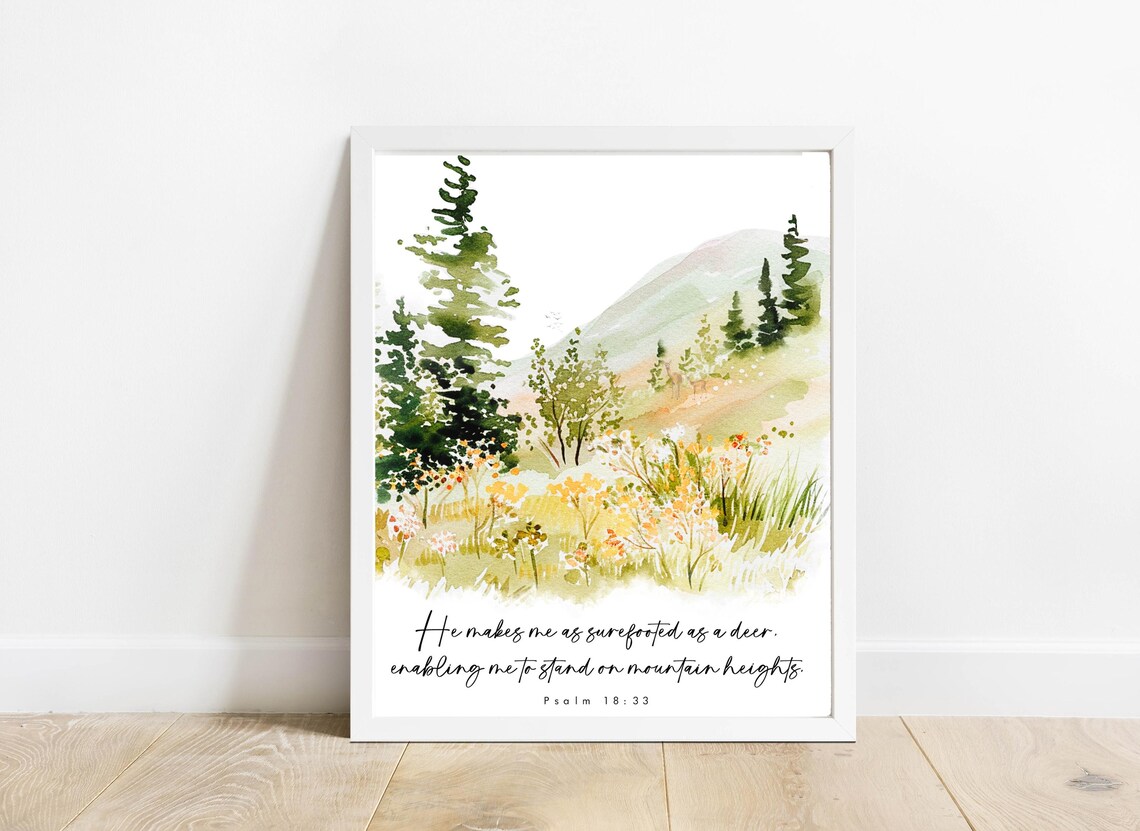Surefooted As A Deer Mountain Meadow Psalm 18 33 Watercolor Poster - Image 2