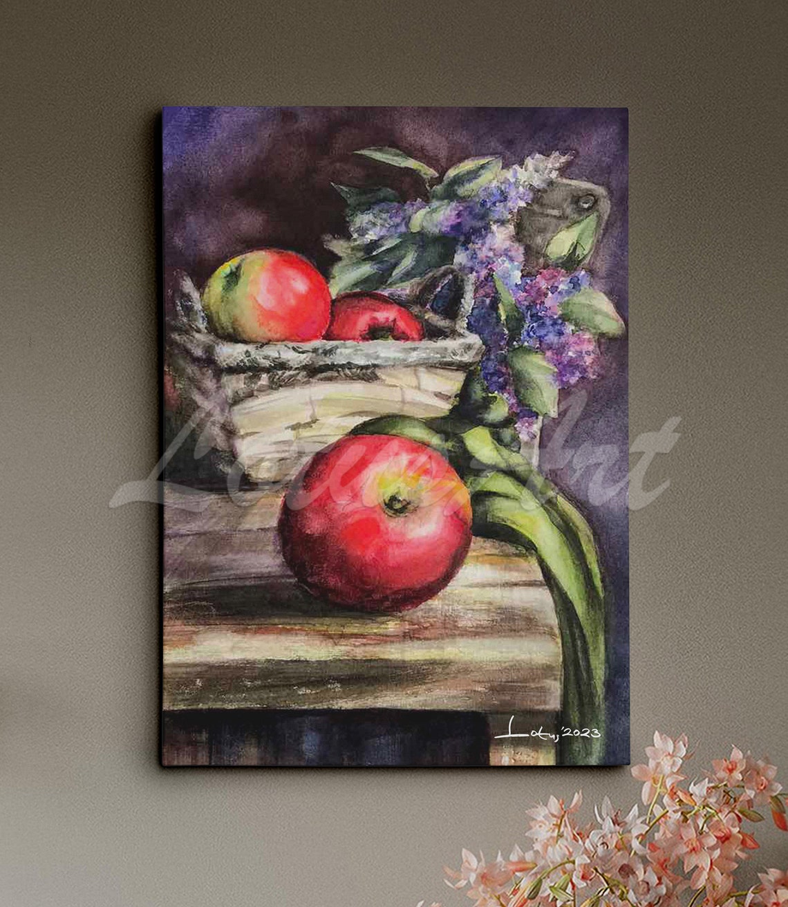 Apples Basket Lilac Watercolor Still Life Fruit Wall Decor Poster