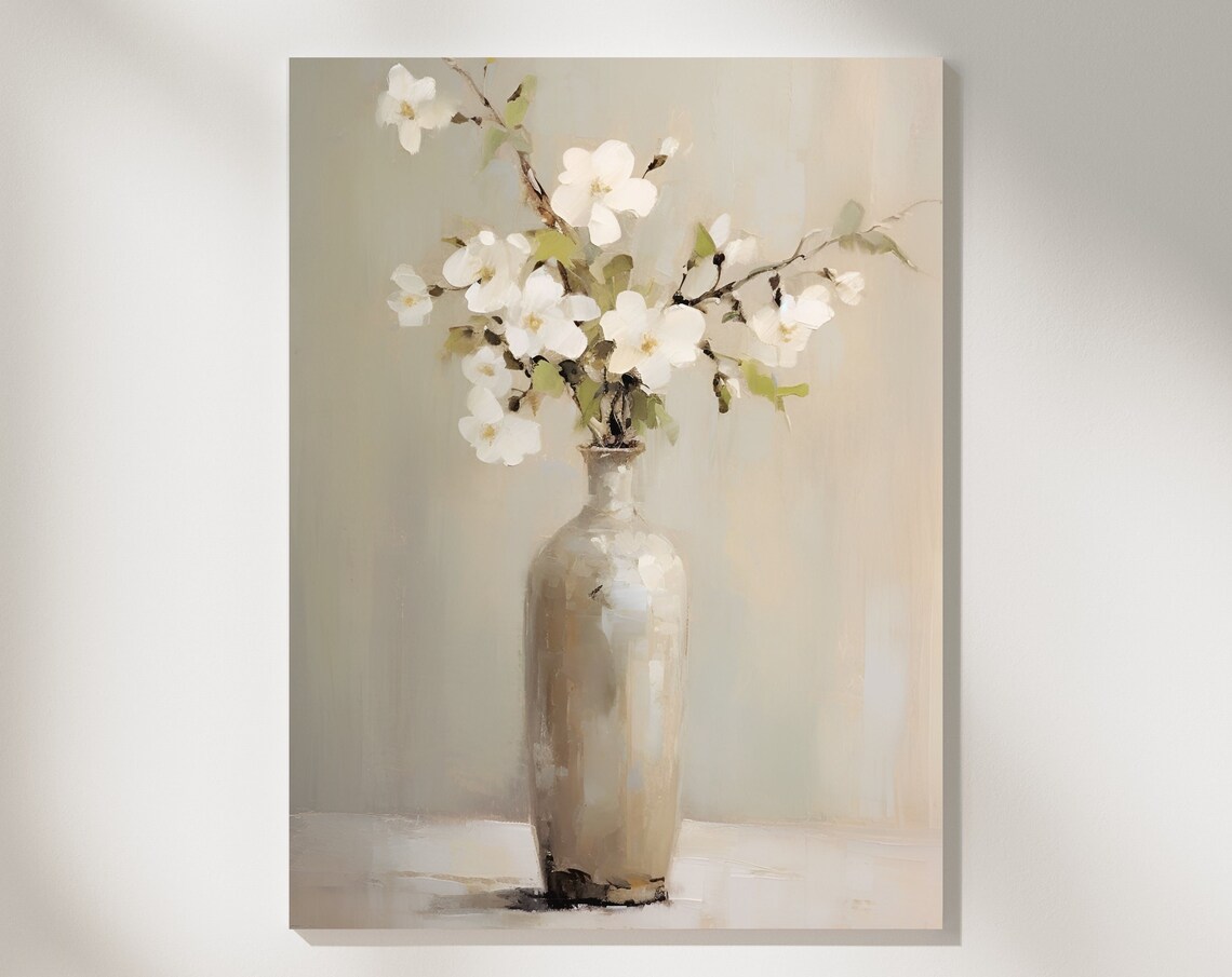 White Blossom Branches Neutral Vase Still Life Floral Poster