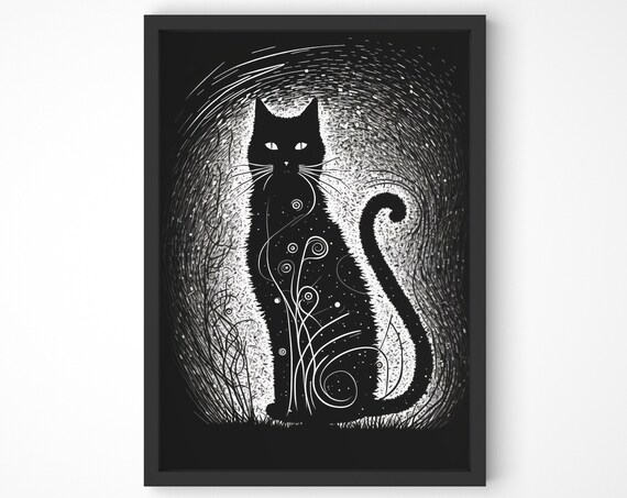 Mystical Black Cat Scratchboard Portrait Minimalist Animal Poster