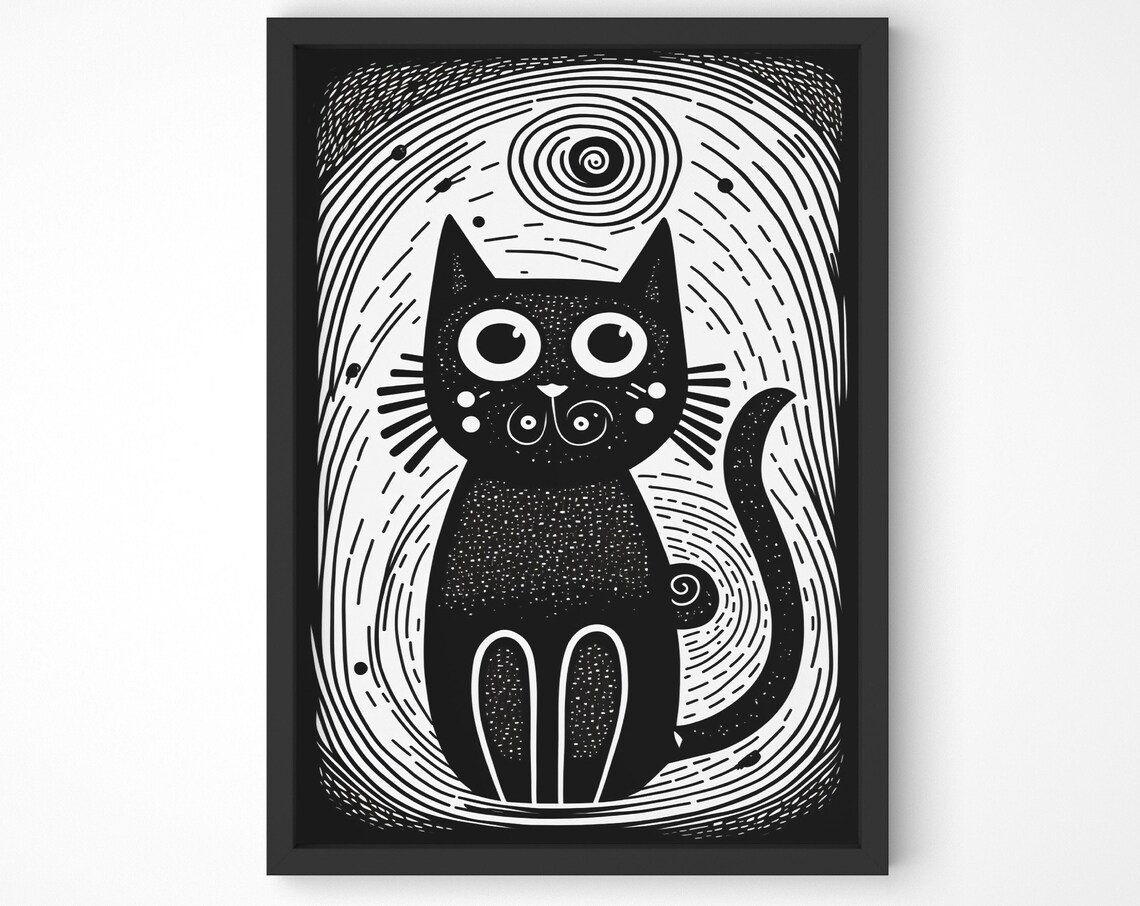 Black Cat Woodcut Style Big Eyes Whimsical Folk Art Animal Poster