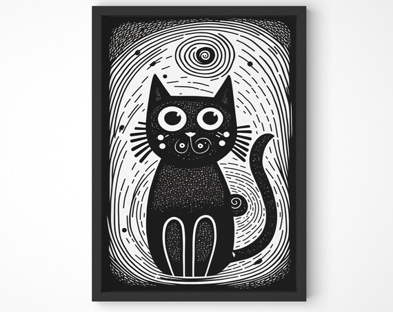 Black Cat Woodcut Style Big Eyes Whimsical Folk Art Animal Poster