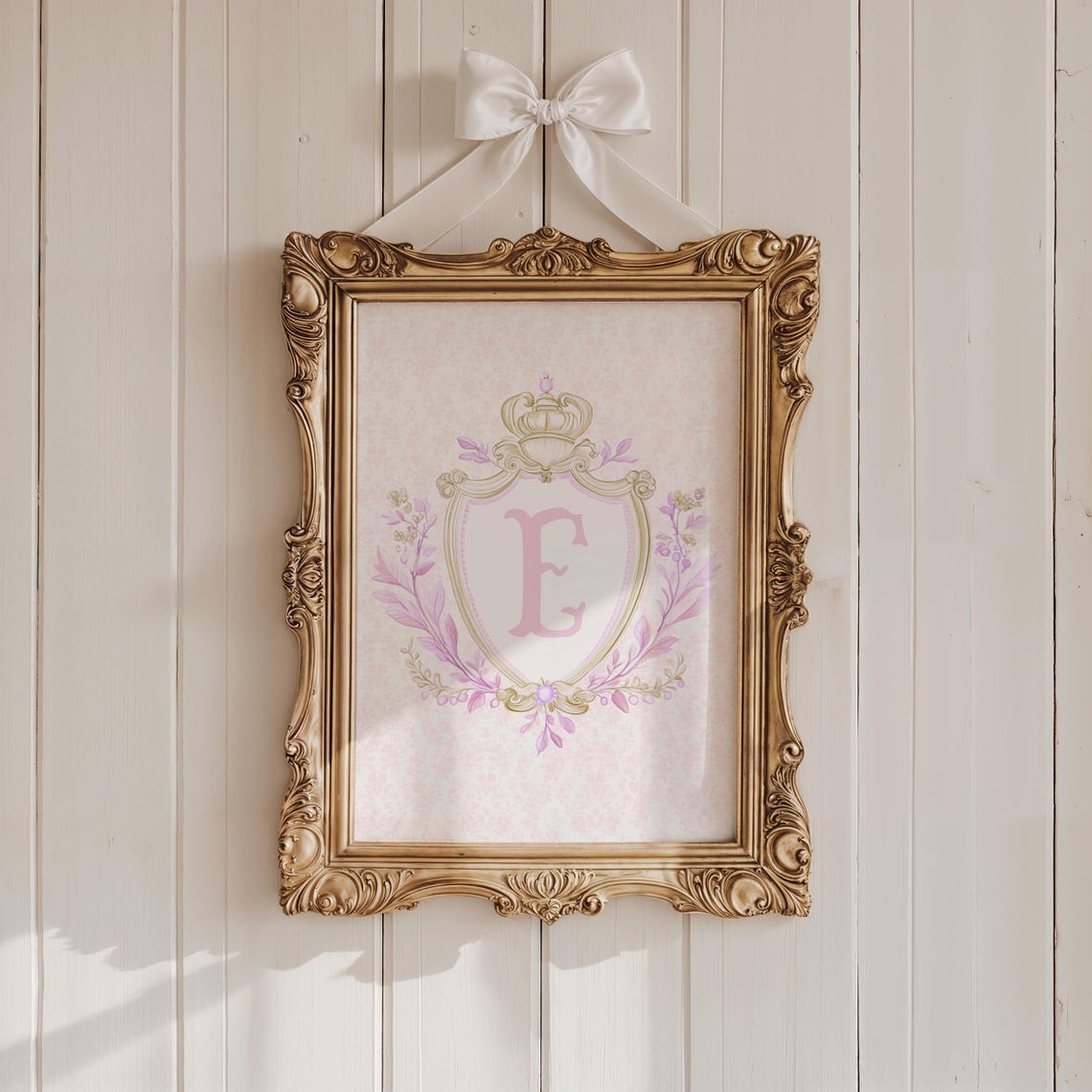 Initial E Pink Crest Coquette Floral Monogram Nursery Poster - Image 2