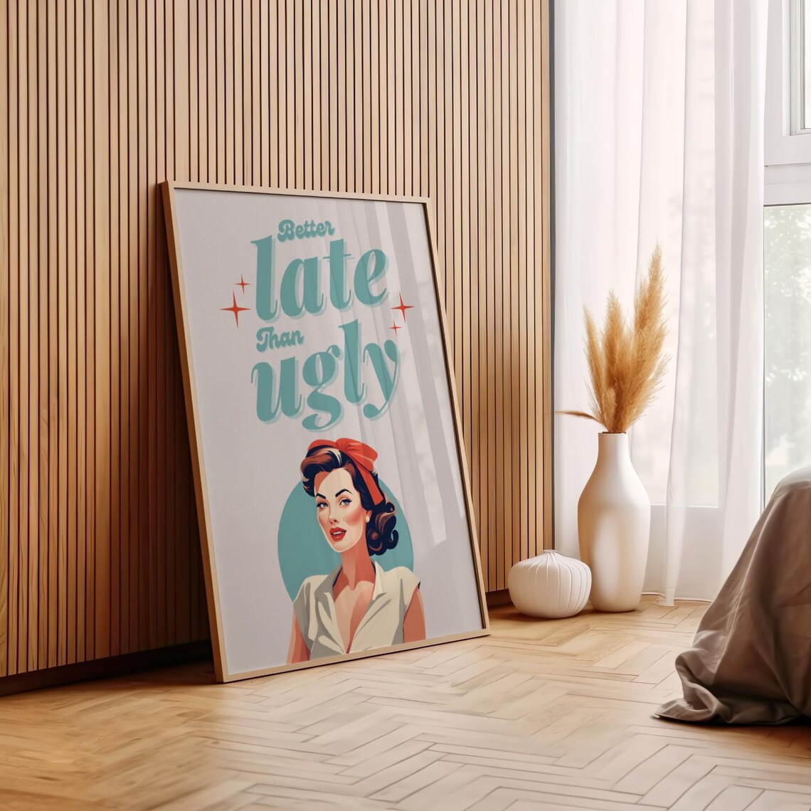 Better Late Than Ugly Teal Retro Pinup Girl Funny Quote Poster - Image 4
