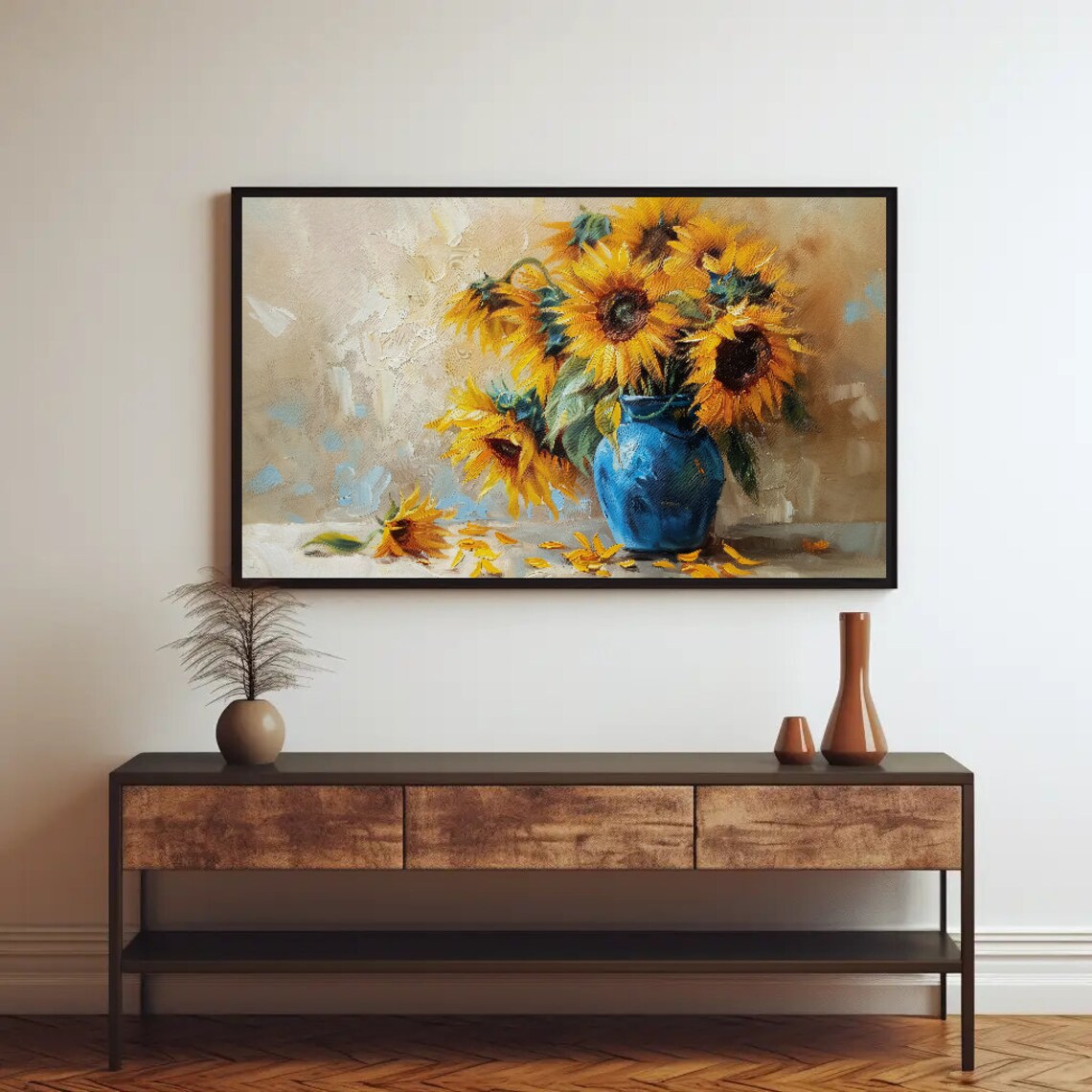 Sunflowers In Blue Vase Cream Background Vintage Floral Art Poster - Image 2