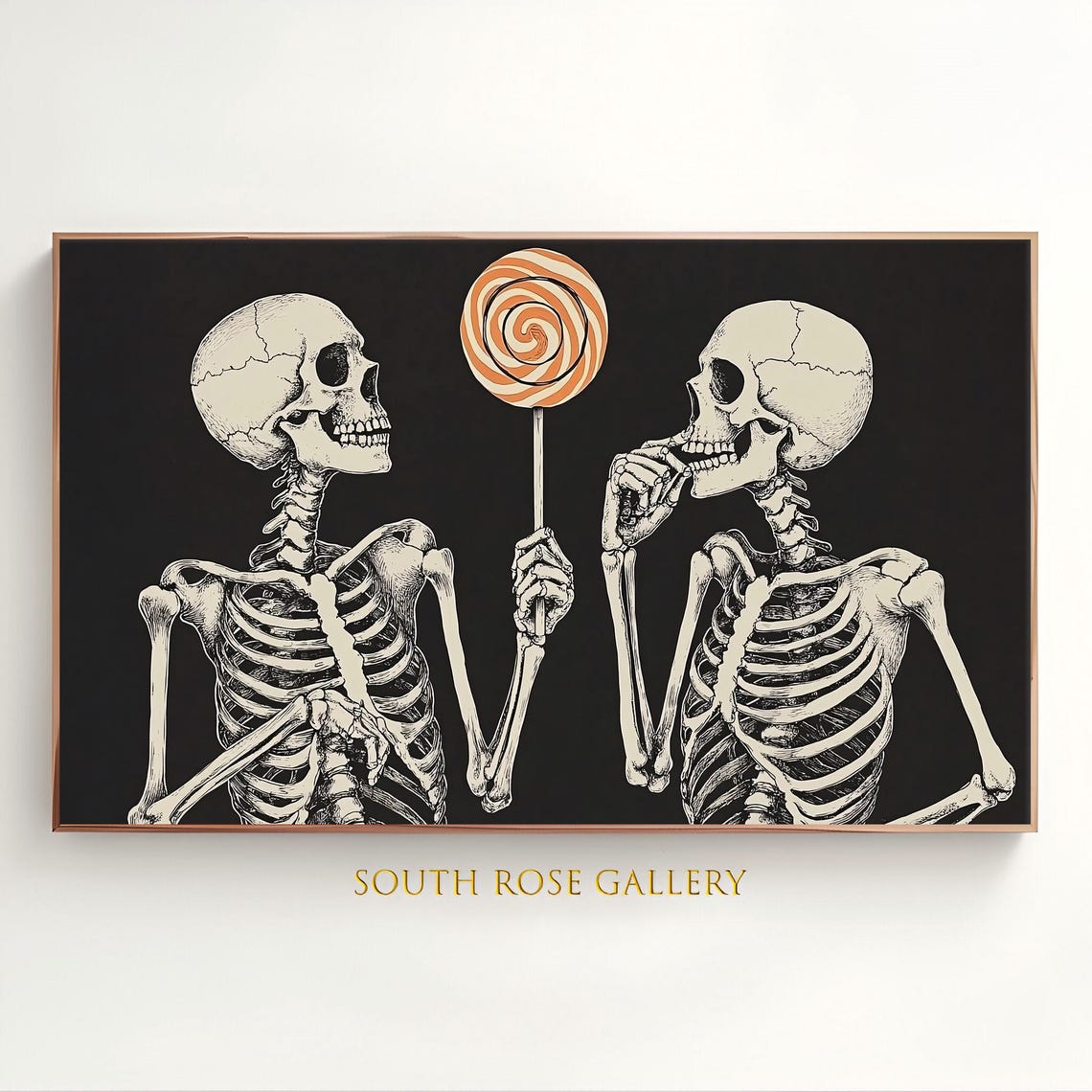 Halloween Skeletons Lollipop Treat Black Vintage Line Art Wall Poster