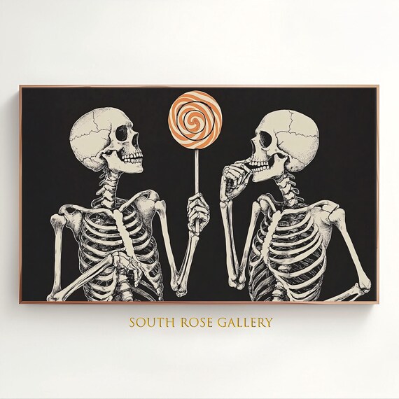 Halloween Skeletons Lollipop Treat Black Vintage Line Art Wall Poster