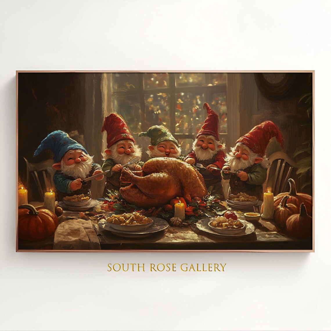 Thanksgiving Gnomes Feast Turkey Dinner Holiday Frame TV Art Poster