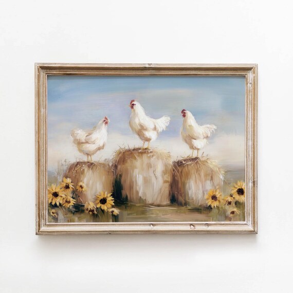 Muted Pastel Farmhouse Hens Printable Cozy Rustic Wall Art Cottagecore Country Decor Soft White Room Sunset Download 0213