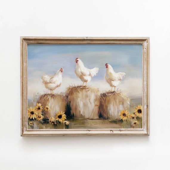 White Hens on Hay Bales with Sunflowers Rustic Farmhouse Poster