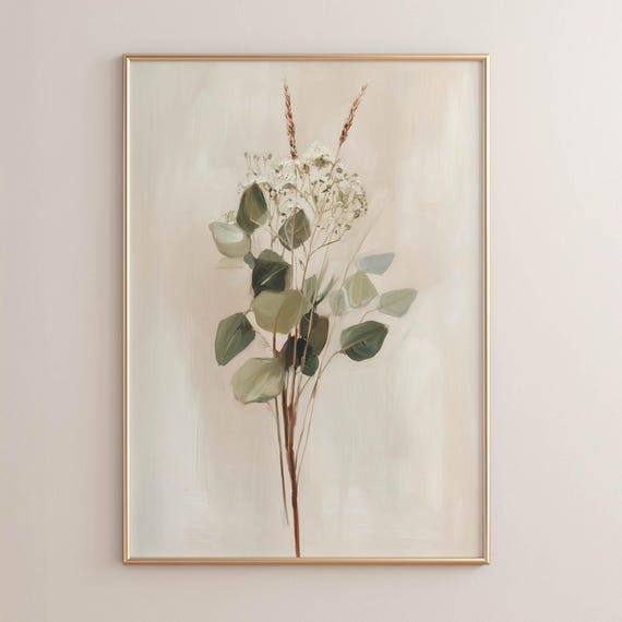 Eucalyptus Wheat Bouquet Botanical Poster Neutral Beige Minimalist Art Cottagecore Calming Print Soft Painterly Leaf Decor P391