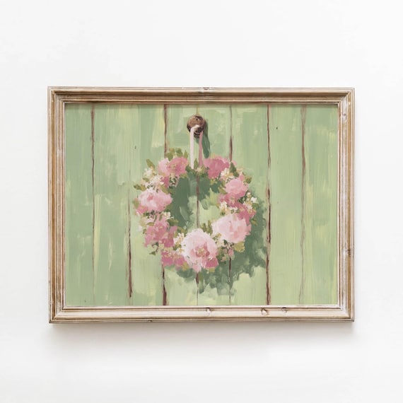 Pink Rose Wreath on Green Wooden Door Cottage Spring Floral Poster