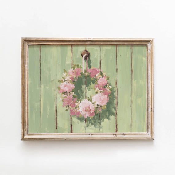 Soft Pink Rose Wreath Printable Green Rustic Wall Art Cottagecore Floral Decor Romantic Springtime Feminine Download 0352