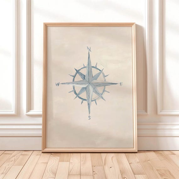 Coastal Nautical Compass Printable Neutral Vintage Wall Art Farmhouse Decor Serene Home Muted Blue Download 0242