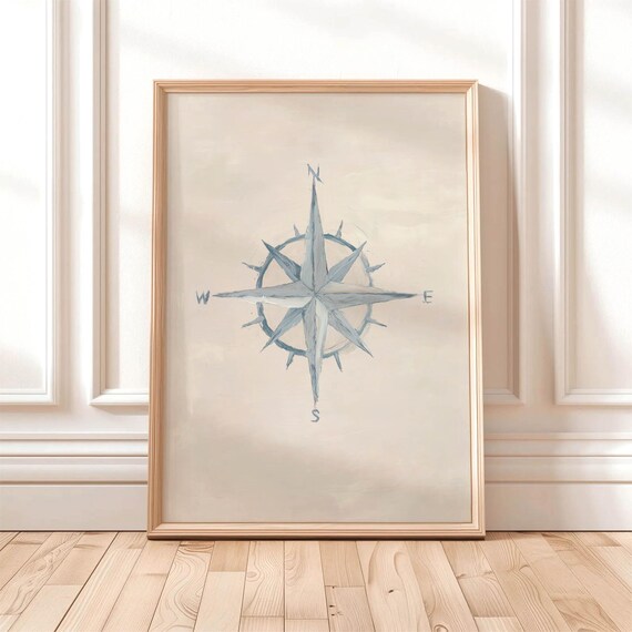Nautical Compass Rose Watercolor Muted Blue Coastal Farmhouse Poster