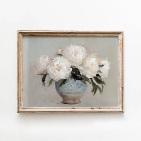Vintage White Peony Arrangement Printable Blue Ceramic Vase Wall Art Neutral Farmhouse Still Life Decor Digital Download 633